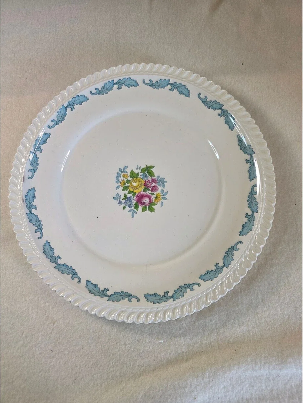 Vintage Harkerware Dinner Plate Blue Leaves Floral Center 10.25” USA